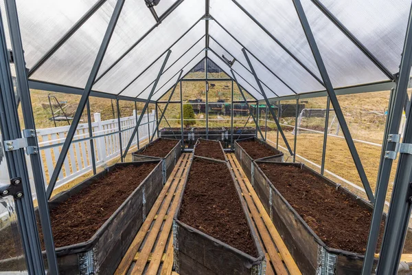 Beautiful View Interior Greenhouse Prepared Planting Vegetables Sweden — стокове фото