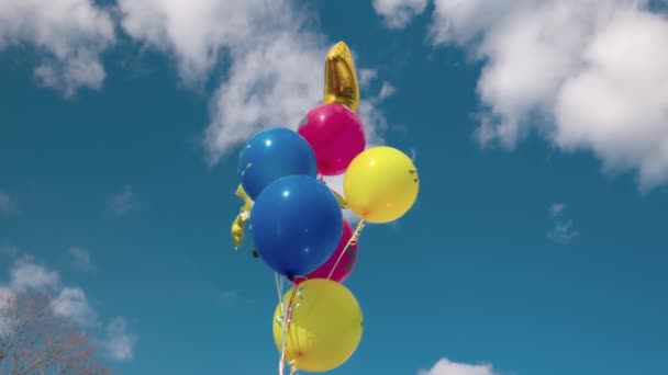 7岁儿童在蓝天和白云的映衬下在风中成长的节日气球美景 — 图库视频影像