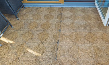 Close up view of carpeting on terrace in front of entrance to house. Sweden.