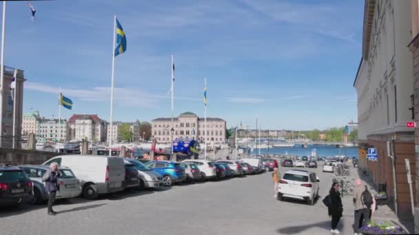 Прекрасний Вид Шведських Фінських Прапорів Королівському Місці Стокгольмі Швеція Стокгольм — стокове відео