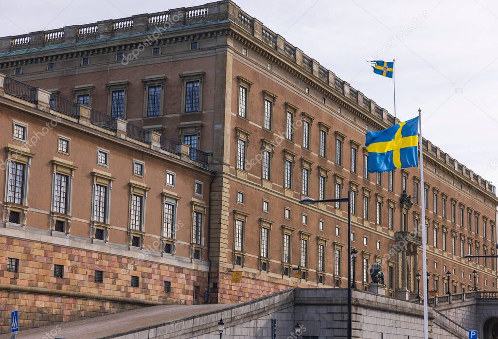 Beautiful view of Swedish flags near royalty place of Sweden Stockholm.. 