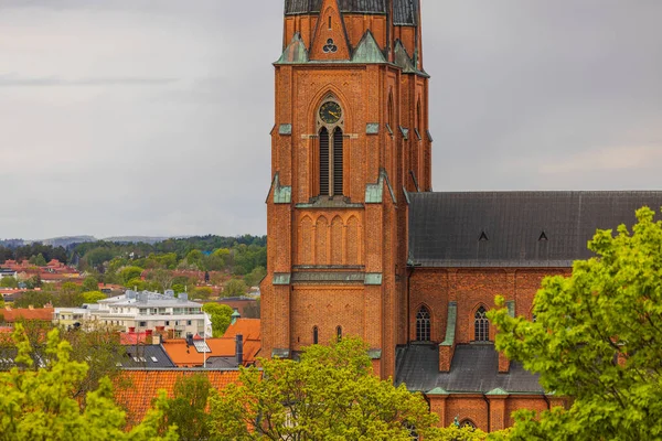 Uppsala Katedrali 'nin gökyüzü arka planının güzel yakın çekimi. İsveç.