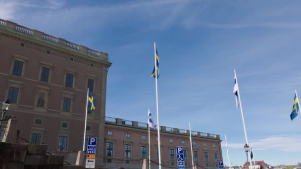 Hermosa Vista Banderas Suecas Finlandesas Lugar Realeza Estocolmo Suecia Estocolmo — Vídeo de stock