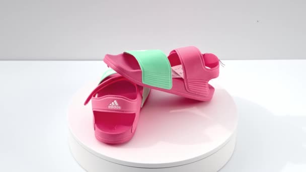 Close View Rotating Adidas Women Pink Beach Swimming Shoes Isolated — Stockvideo