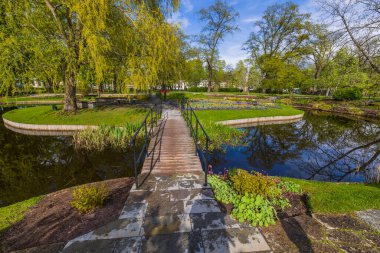 Güneşli yaz gününde parktaki küçük göletin üzerindeki güzel köprü manzarası. İsveç.