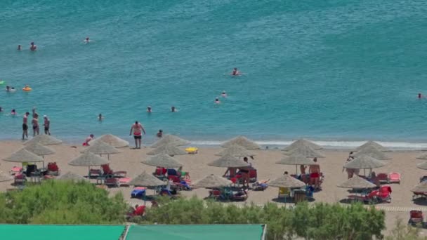 Beautiful Top View People Resting Sandy Beach Mediterranean Sea Rhodes — Stock Video