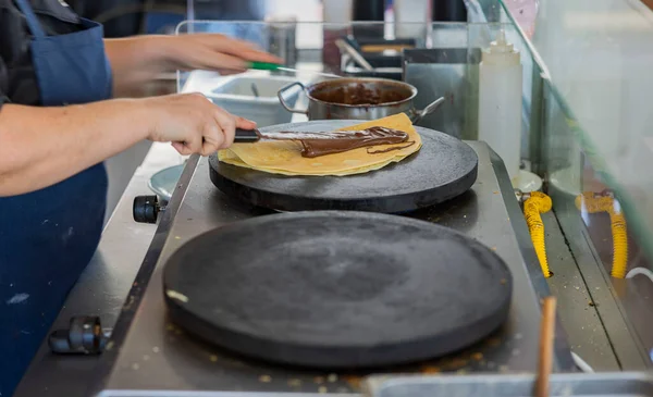 Close View Woman Baking Crepes Thin Type Pancakes Greece — Zdjęcie stockowe