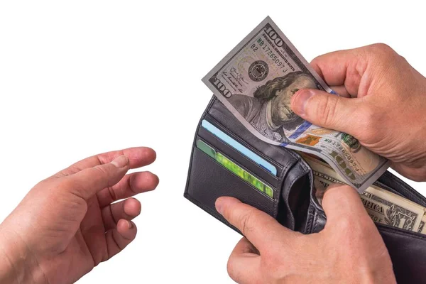 View Female Hand Taking Hundred Dollar Banknote Man Hand Holding — Foto de Stock