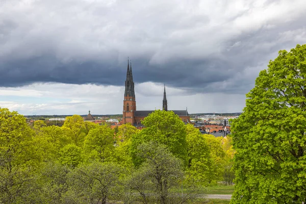 Beautiful View Landscape City Uppsala Cathedral Backdrop Thunderclouds Summer Day — Stock fotografie