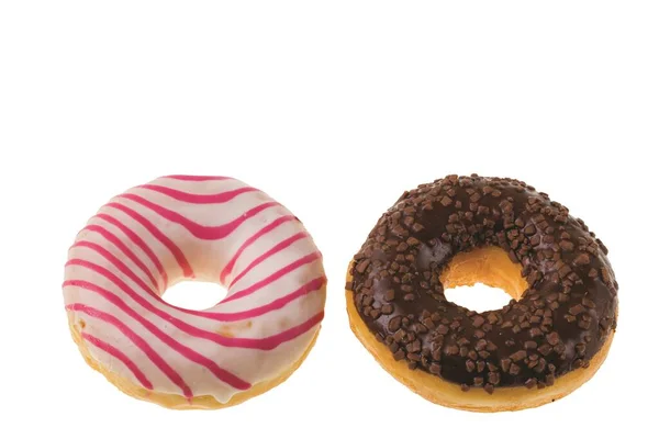 Close View Pink Chocolate Donut Sprinkled Nuts White Glaze Isolated — Photo