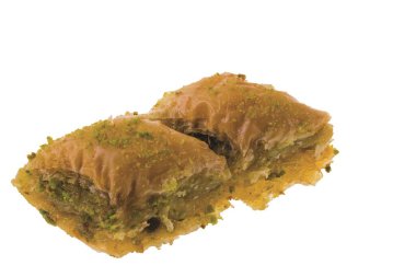 Beyaz arka planda izole edilmiş Makro katmanlı tatlı baklavası manzarası. 