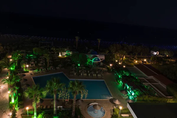 Beautiful Night View Hotel Outdoor Pool Beach Mediterranean Sea Rhodes — стоковое фото