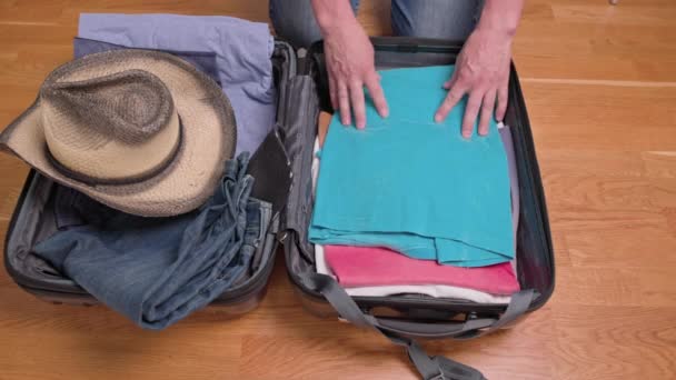 Close View Man Packing Clothes Suitcase Tourist Trip Sweden — Stok video