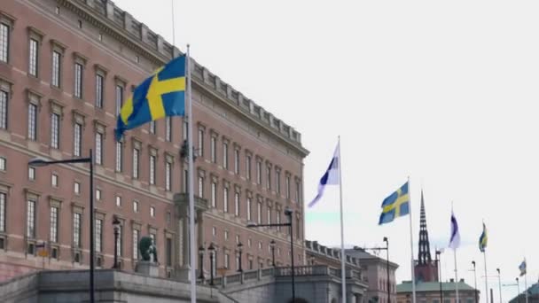 Prachtig Uitzicht Zweedse Finse Vlaggen Plein Buurt Van Koninklijk Paleis — Stockvideo