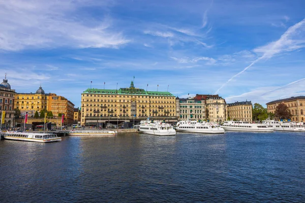 Beautiful View Grand Hotel Center Stockholm Baltic Coast Ships Moored — Photo