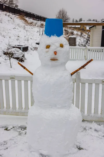 Beautiful View Snowman Made Children Winter Garden Sweden — Stock Fotó