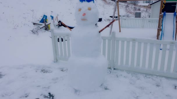 Close View Snowman Made Children Winter Garden Sweden — Stockvideo