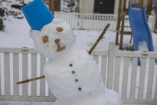 Close View Unsteady Funny Snowman Due Warm Weather Made Children — Zdjęcie stockowe