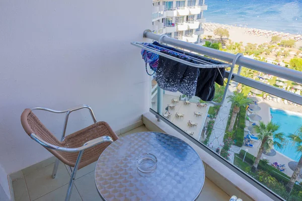 View Clothes Dryer Balcony Table Armchairs Hotel Room Greece — Stockfoto