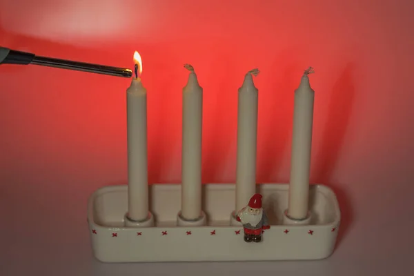 Close View Ignition First Red Candle Traditional Candlesticks First Advent — Foto Stock
