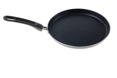 Close up view of pan for making pancakes or crepes on white background. 