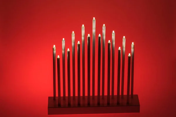 Close View Traditional Electrical Christmas Candlestick Isolation Red Background Sweden — Stock Photo, Image