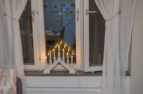 Beautiful View Window White Curtains Traditional Advent Lamp Sweden — Stockfoto