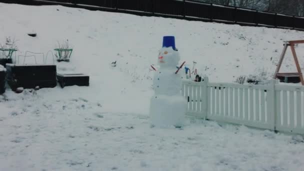 Beautiful View Snowman Made Children Winter Garden Sweden — Stockvideo
