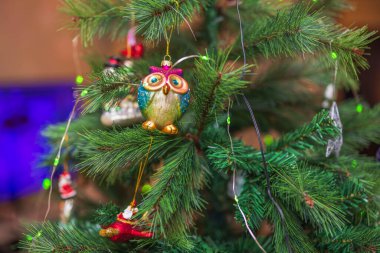 View of colorful Christmas decorations on Christmas tree. Sweden. 