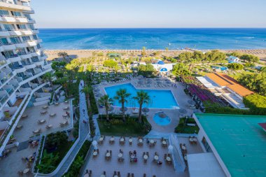 Beautiful panoramic view from above down on Pegasos hotel area. Rhodes. Greece. 08.25.2022.