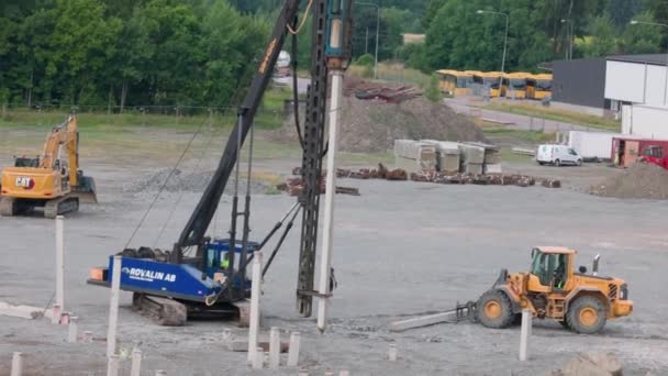 Industrial View Construction Site Pile Driving Machine Driving Piles Ground — Stockvideo