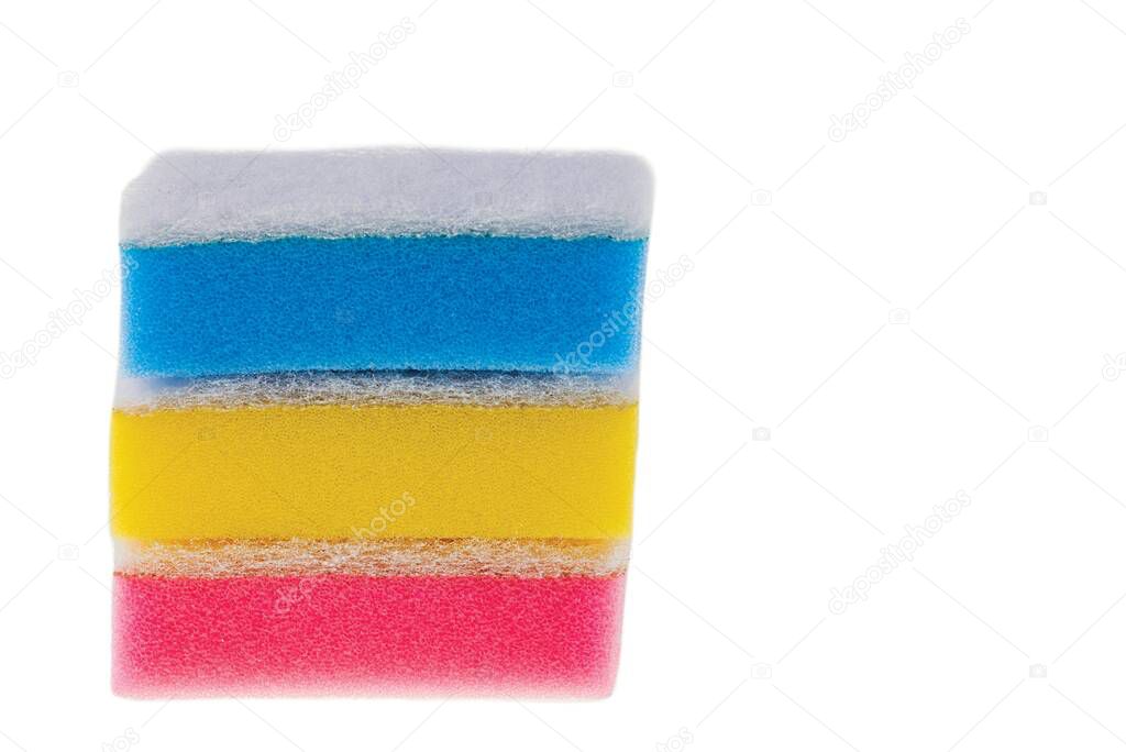 Close up macro view of colorful kitchen cleaning sponges isolated on white background. 