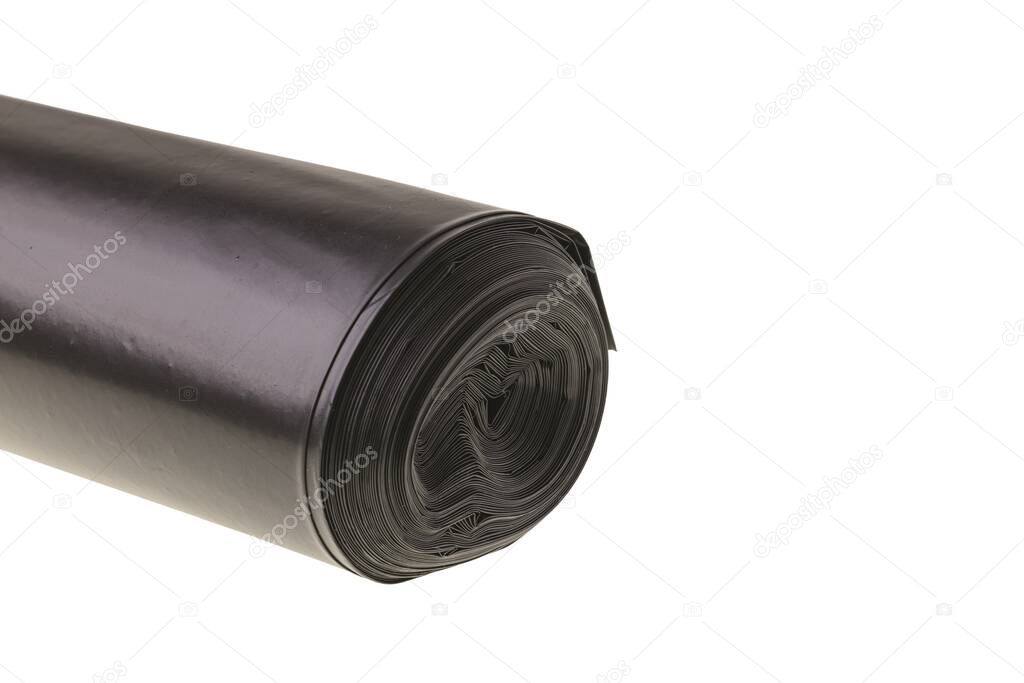 Close up macro view of trash bag roll isolated on white background.