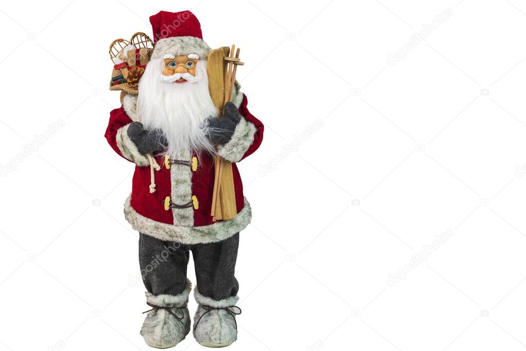 Close up view of cute figure of Santa Claus with gifts isolated on white background. Sweden.