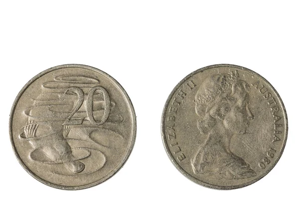 Detailní Pohled Starou Přední Zadní Stranu Australské Dvaceticentové Mince Roku1980 — Stock fotografie