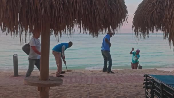 Trabalhadores Hotel Nivelando Areia Certificada Pela Máquina Linha Costeira Aruba — Vídeo de Stock