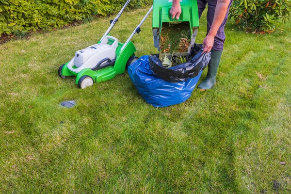 잔디깎는 기계를 정원에서 잔디를 바구니를 비우는 클로즈업으로 스웨덴 — 스톡 사진