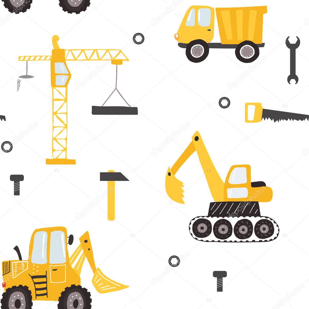 Boys seamless pattern with trucks,  bulldozer, excavatow, crane and other building equipment. Bright ornament for kids designs, wrapping paper, prints, fabric and other surface designs