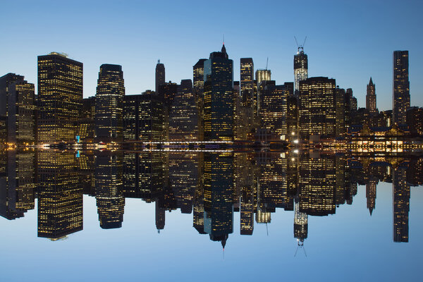 Lower Manhattan Skyline At Sunset reflection. (New York City, USA)