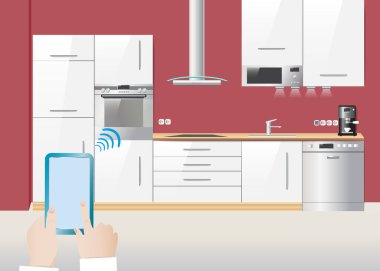 Akıllı mutfak konsepti vektörü boş mutfağı ve akıllı telefonu gösteriyor.