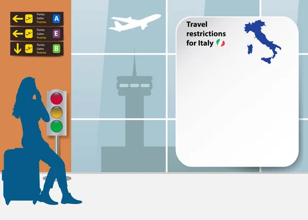 Travel Restrictions Italy Template Silhouette Tourist Looking Blank Board Airport — Stock Vector