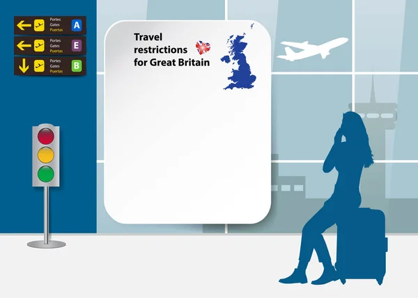 Restricciones Viaje Para Gran Bretaña Plantilla Silueta Turista Está Mirando — Vector de stock
