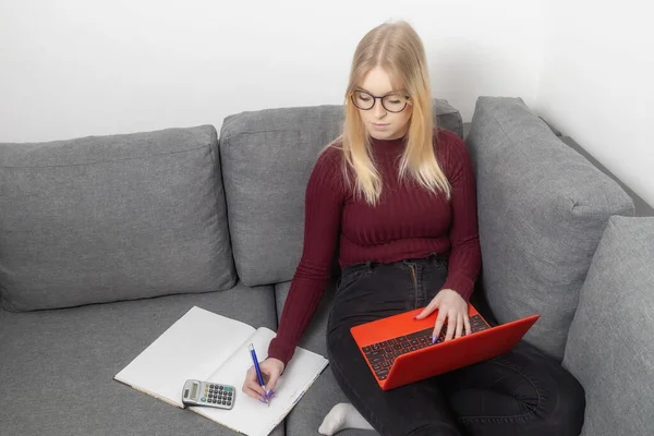 Young Woman Glasses Sit Couch Work Laptop Writing Paper Documents — Stock Photo, Image