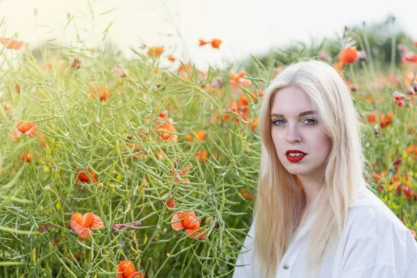 Portrait Attractive Blonde Woman Posing Red Poppy Field Horizontally — Fotografia de Stock