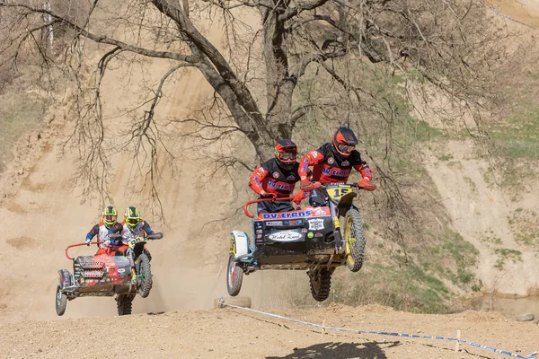 Mohelnice Czech Republic April 2022 Two Crews Sidecacross Motorbike Jumping — стоковое фото