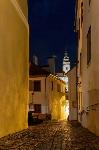 Geceleri Cesky Krumlov 'daki eski caddenin gece manzarası. Kale kulesi arka planda. Dikey.