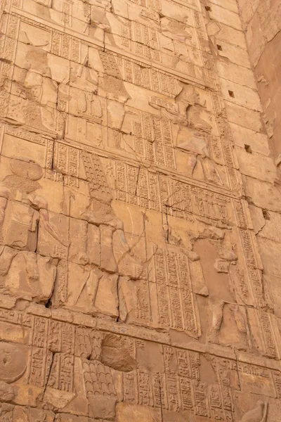 Muro Jeroglíficos Karnak Primer Plano Del Templo Egipto Verticalmente — Foto de Stock