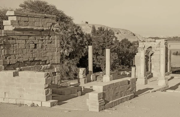 Temple of Satis (Satet) located on the Nile Valley Island of Elephantine near Aswan in Egypt. Edited as a vintage photo.