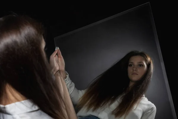 Low Key Portrait Young Woman Looking Her Reflection Mirror —  Fotos de Stock