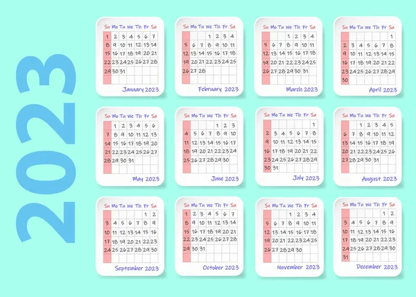 Calendar 2023 Twelve Sheets Containing Calendar Each Month Year Week — Stock Vector